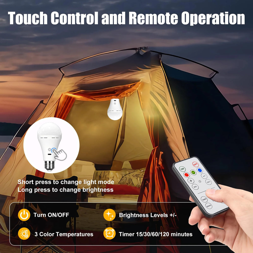 USB-C E27 Rechargeable LED Bulb Wireless Remote Control Battery Operated Dimmable Light with Timer