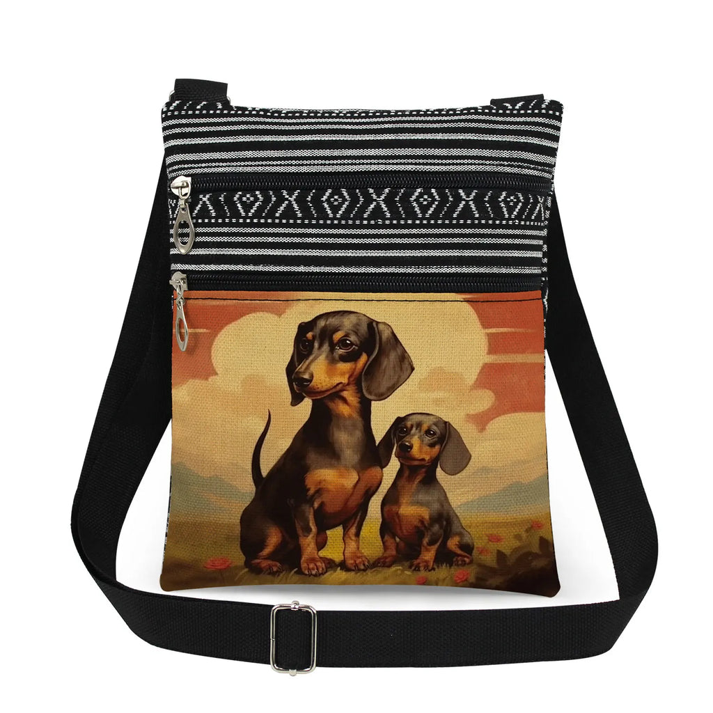 Cute Dachshund Print Crossbody Bag Female Floral Animal Shoulder Bags Fashion Outdoor Portable Double Zipper Lady Messenger Bag
