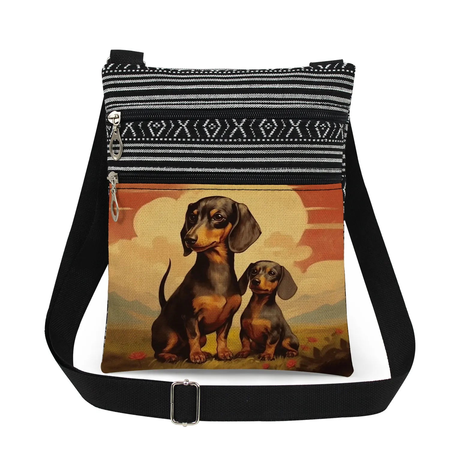 Cute Dachshund Print Crossbody Bag Female Floral Animal Shoulder Bags Fashion Outdoor Portable Double Zipper Lady Messenger Bag