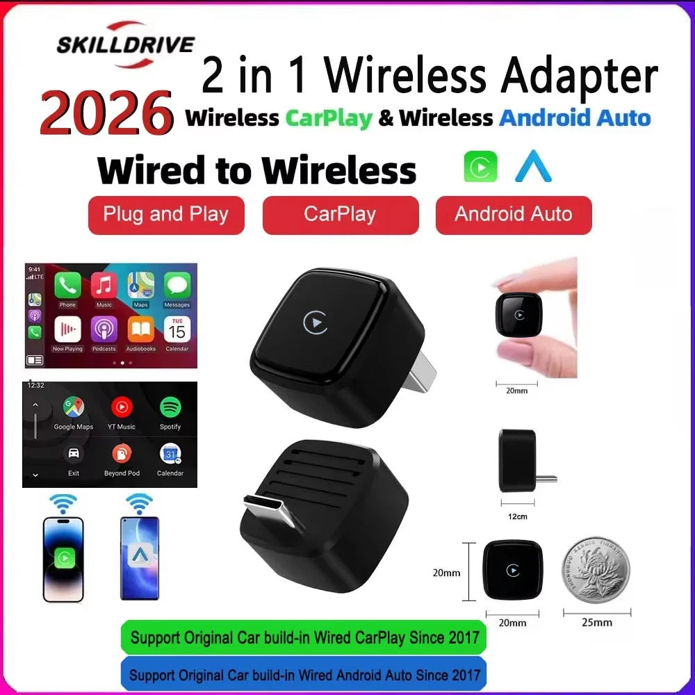 Skilldrive 2026 Mini CarPlay Wireless Android Auto Adapter Type C Port AI Smart Box Intelligent System USB for Wired CarPlay Car