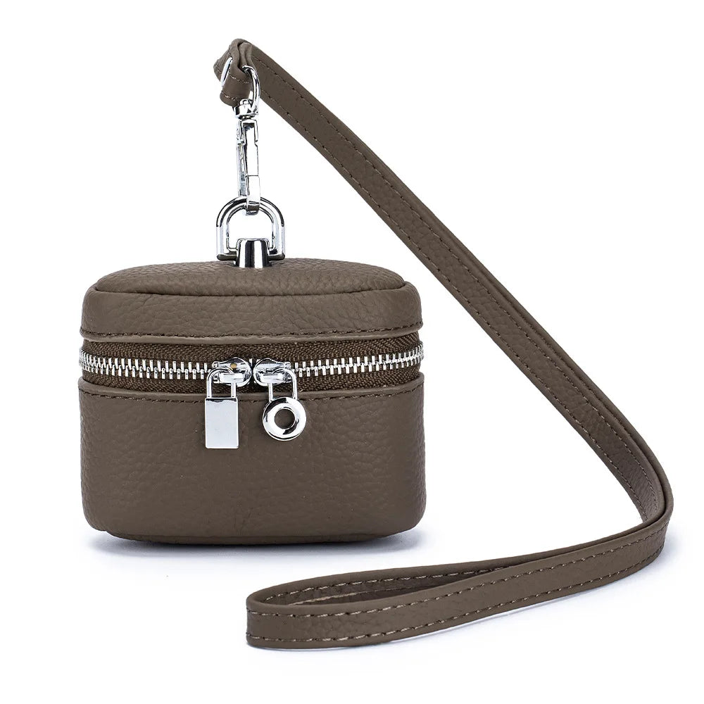 Top-Grain Leather Mini Coin Purse Ins Style - Portable Neck-Hanging Lipstick Makeup Bag & Real Leather Earphone Pouch for Wome