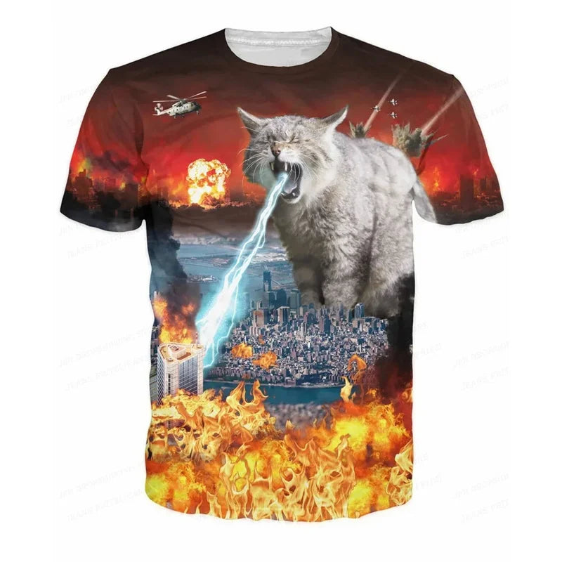 3D Printed Funny Cat T Shirt for Men Animal Food Pattern Tees Summer Street Oversize Short Sleeve Tops Loose Round Neck T-Shirts