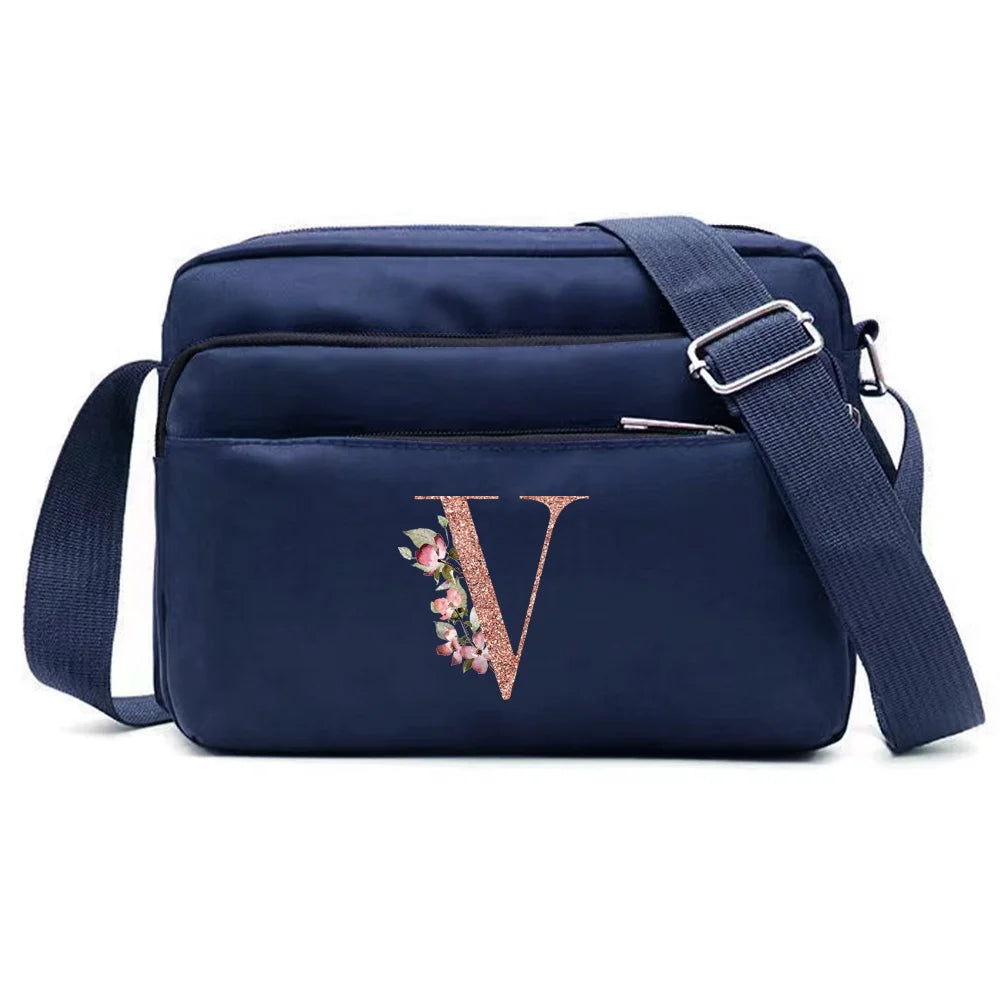 Large Capacity Travel and Commuting Storage Blue Bag Rose Gold Series Print Pattern Multi-layer One Shoulder Crossbody Bag