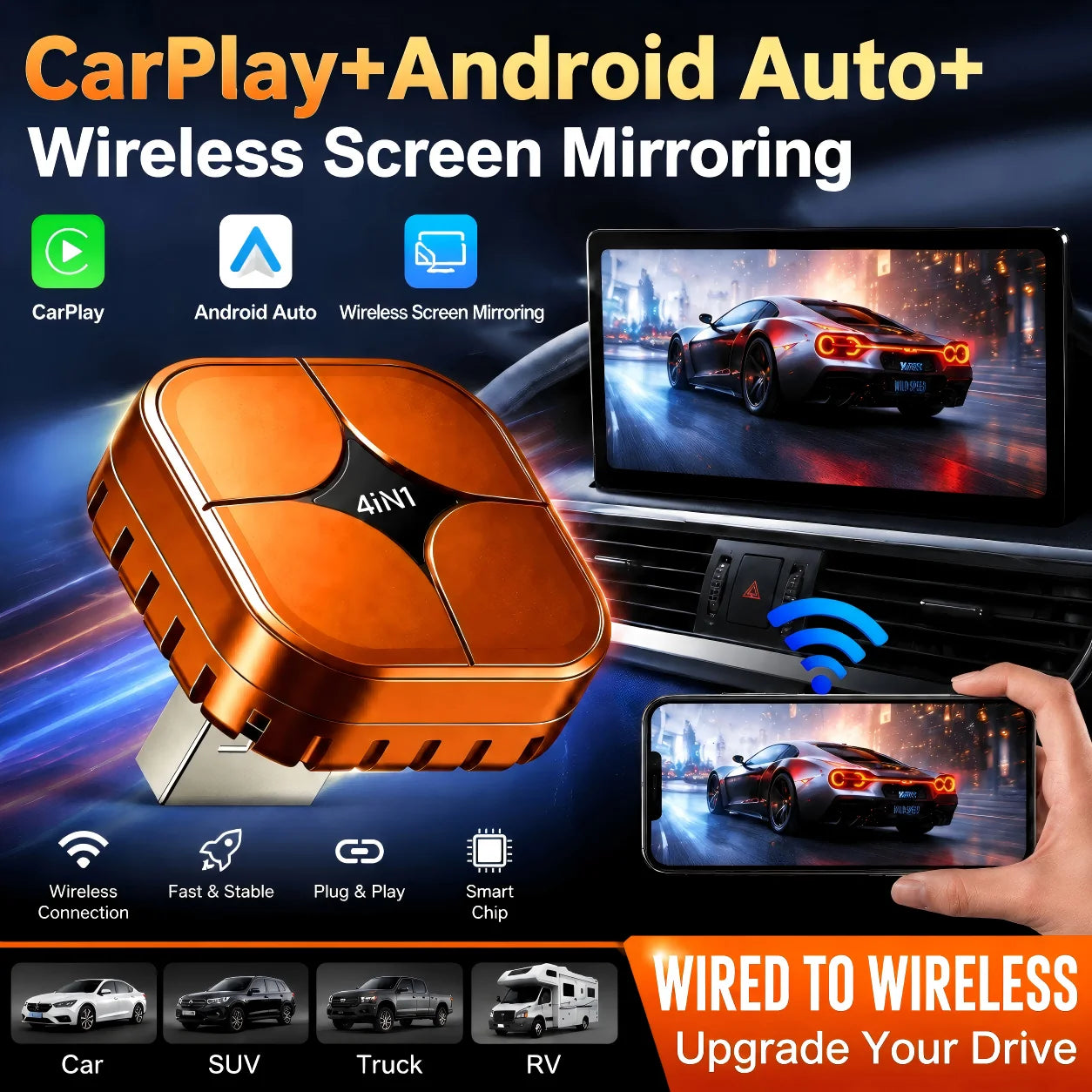 4 IN1 Wireless CarPlay Dongle Wireless Android Auto Adapter AI Smart Box Car Intelligent Systems For Car With Wired CarPlay