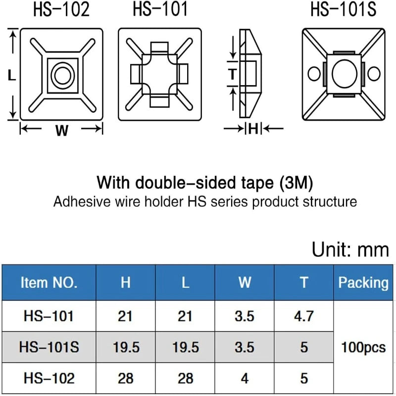 100pcs Self Adhesive Cable Zip Tie Mounts - Black/White Wire Clips & Holders for Cable Management, Adhesive Anchors for Desk