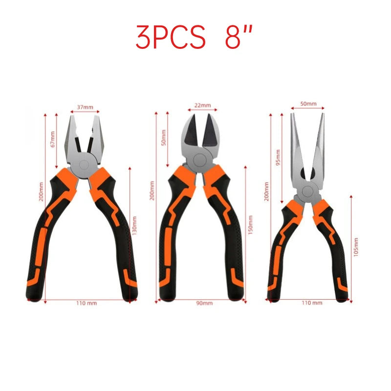 3 Piece 8''/6” Universal Diagonal Pliers Needle Nose Pliers Set Wire Cutters Electrician Hardware Hand Tool for Home Workshop