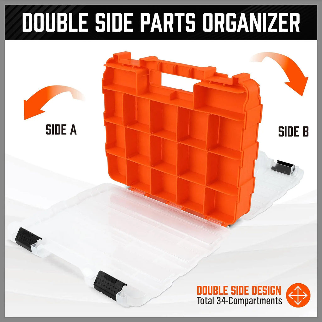 Tool Box Organizer Portable Double-Sided 34-Compartment Drill Bit Storage Bolt and Nut Case with Lid for Hardware Nail Bolt Nut
