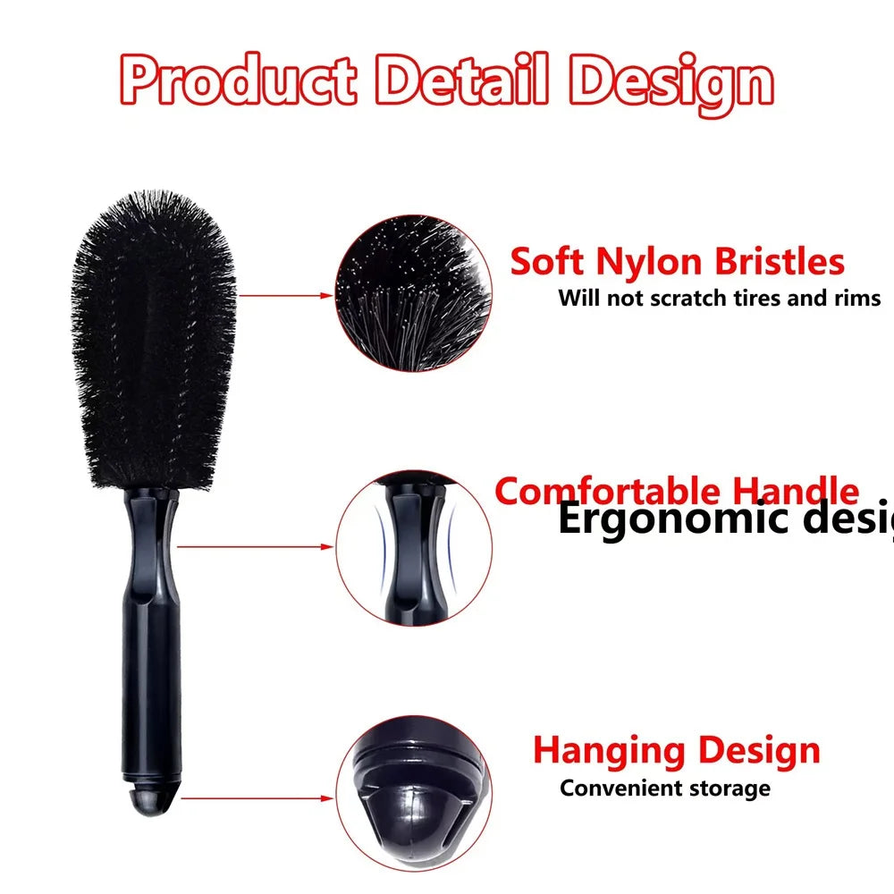 Car Wheel Brush Soft Bristle Tire Steel Ring Detail Cleaning Brush Tyre Alloy Soft Bristle Cleaner Car Washing Supplies Tool