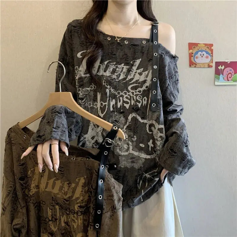 Loose and Slimming Oversized Women's T-shirt with Ragged and Faded V-neck and Off-shoulder Long Sleeves for Spring and Autumn