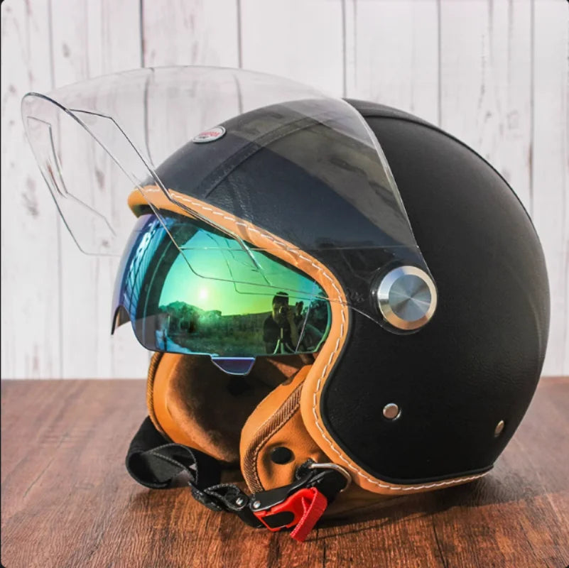 Brown Leather Original DOT ECE 3/4 Open Face Helmet MT Capacete Motorcycle Helmet JET Scooter Bike Half Helmets Cascos Para Moto