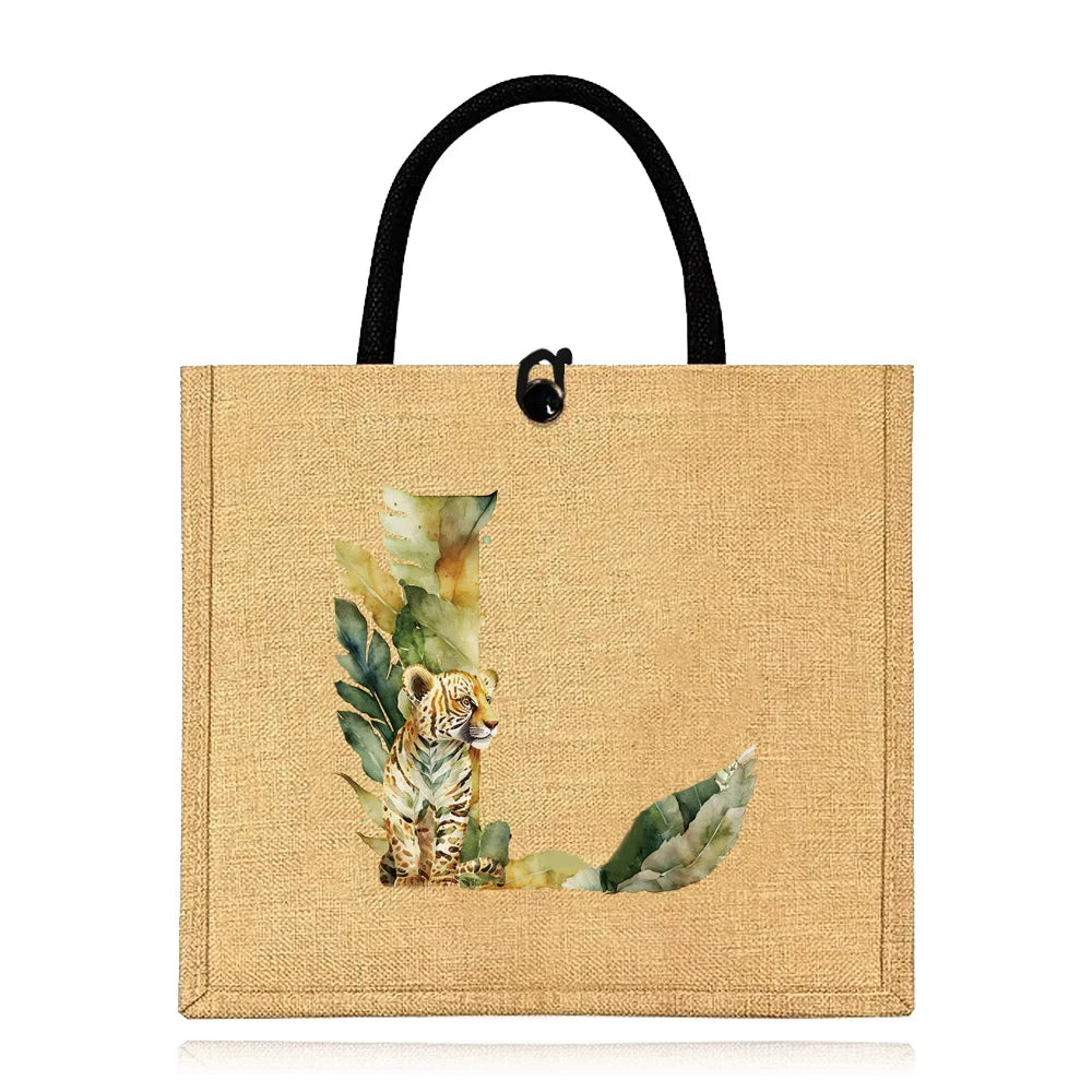 Flax Bag Fastener Handbag Organizer Storage Jute Tote Bags Imitation Cotton Women Valise Portable Jungle Tiger Printing Series