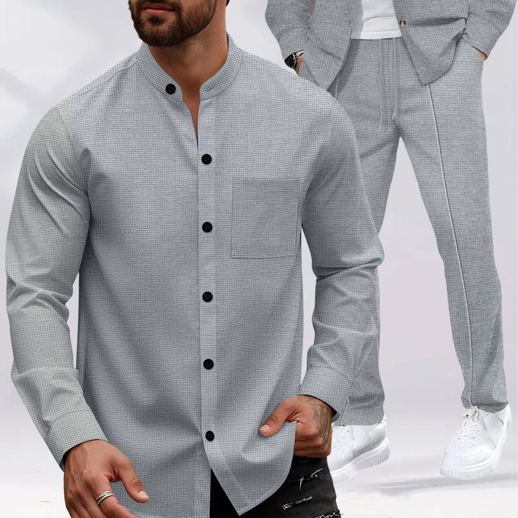 Men's Waffle-Knit Lounge Se Stand-Collar Long-Sleeve Jacket with Pockets&Drawstring Pants Versatile Comfortable Clothing Set for