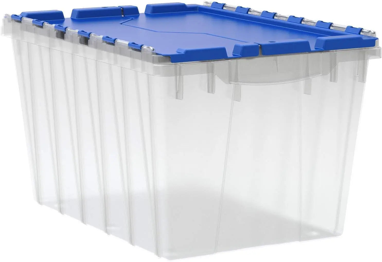 12 Gallon Storage Container, Nesting and Stackable Plastic Storage Box with Lid Attached, Clear Tote for Garages, Closets, and Moving, 21-1/2" x 15" x 12-1/2", Clear/Blue