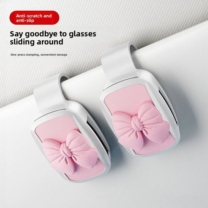 Car Glasses Clip Cute Bowknot Design Multifunctional Storage Holder For Sunglasses And Cards Mount On Car Sun Visor