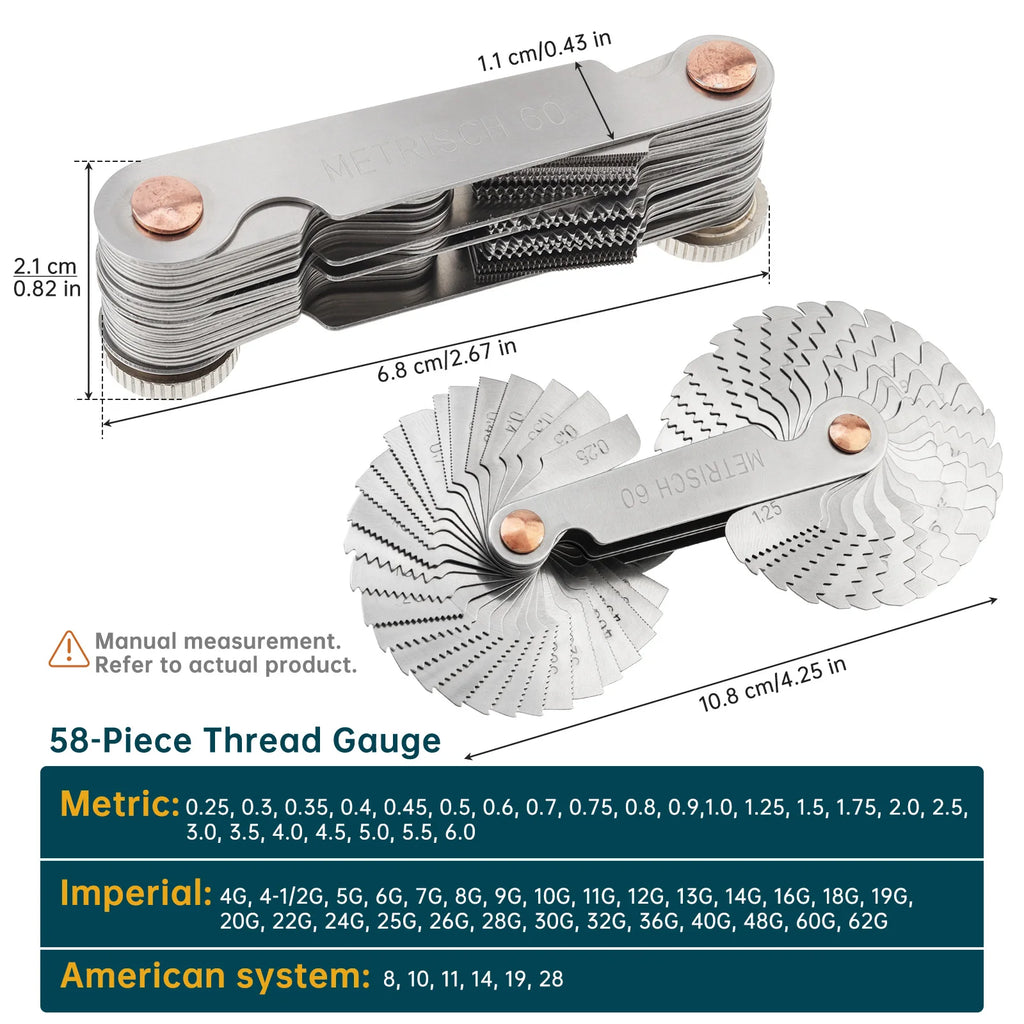 58 Pcs Blade Thread Pitch Gauge 55 60 Degree Whitworth Metric US Measuring Gage Screw Thread Pitch Gauge with Metal Nut