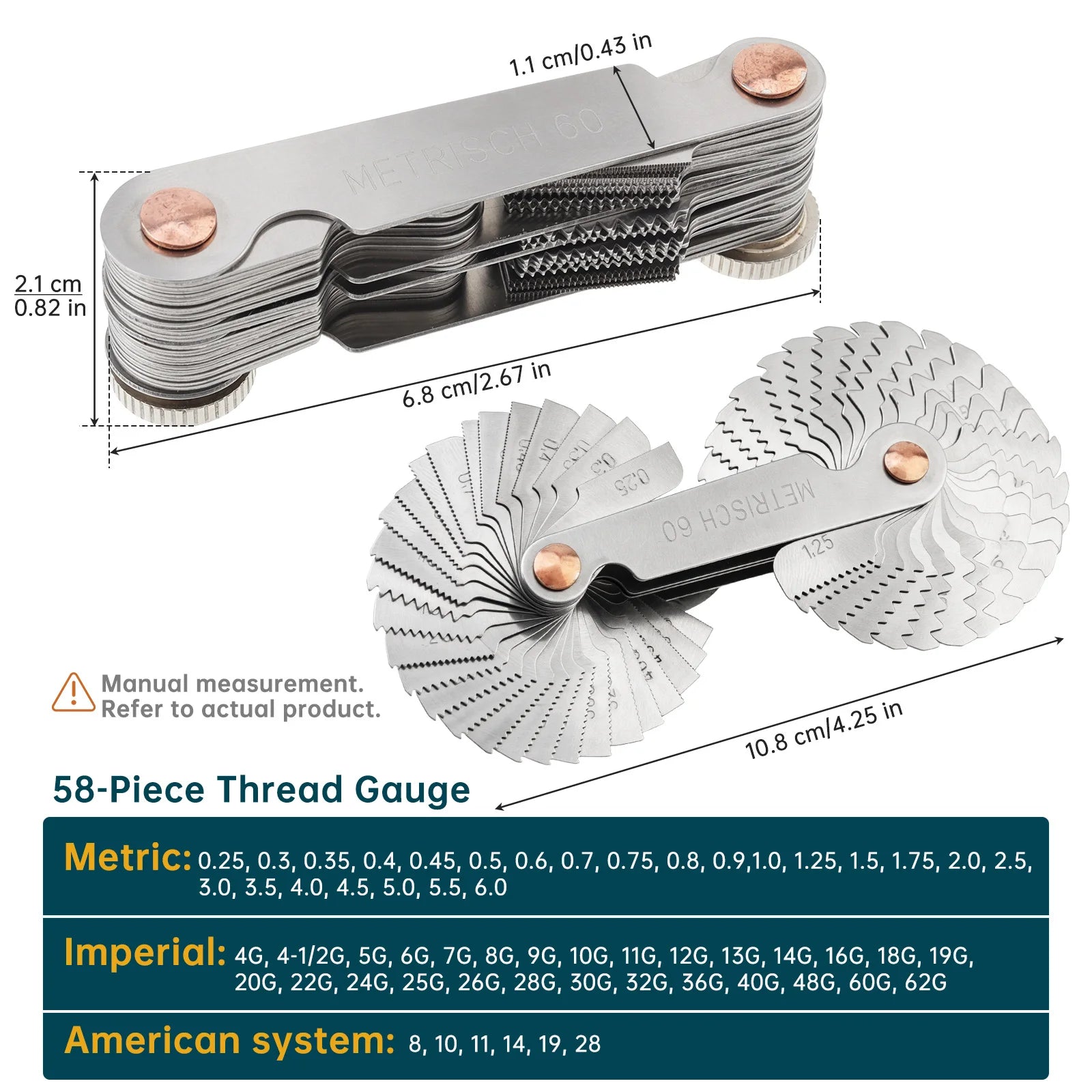 58 Pcs Blade Thread Pitch Gauge 55 60 Degree Whitworth Metric US Measuring Gage Screw Thread Pitch Gauge with Metal Nut