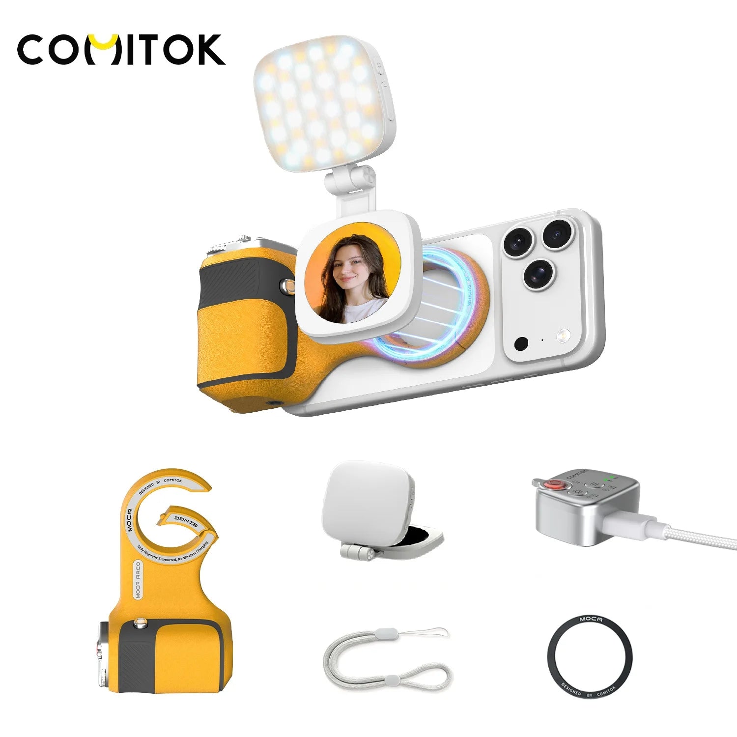 COMITOK ARCO BINER Magnetic Phone Camera Grip with Light for iPhone 17 Detachable Remote Ergonomic Holder for Selfie Vlog Video