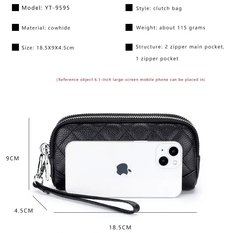 Double Zipper Clutch Bag for Women Genuine Leather Coin Pocket Money Purse Women's Clutches Female Clutch Purse with Wrist Strap