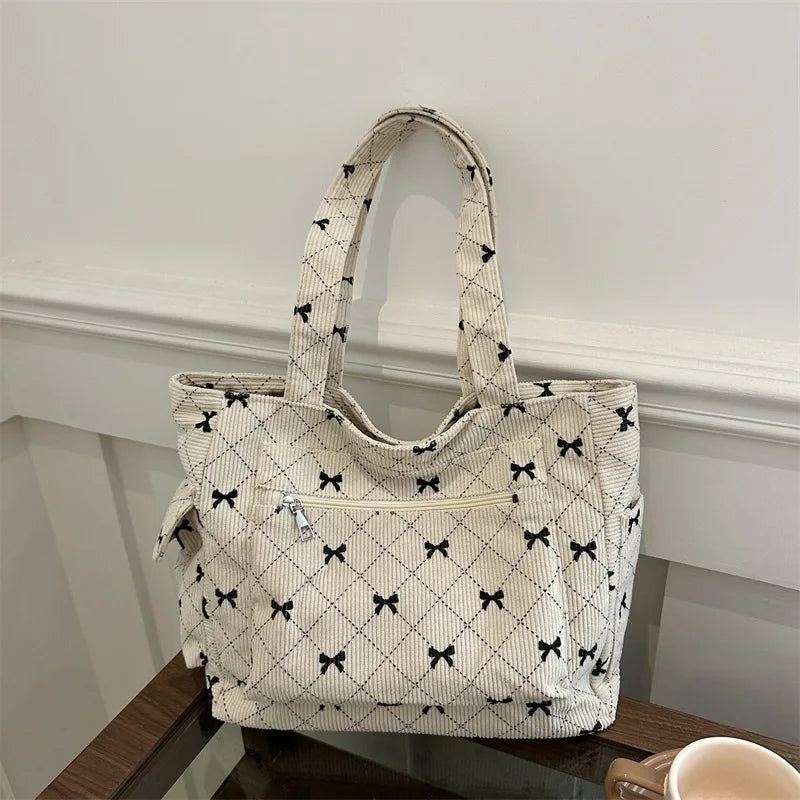 Large Capacity Corduroy Casual Tote Bags For Ladies, Casual Bow Pattern Commuting Handbags Women's For Shopping