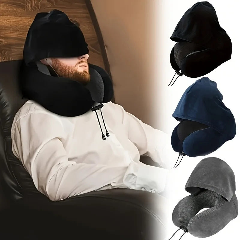 1pcs Outdoor Travel Car Pillow Memory Cotton Hooded U-shaped Pillow Removable Washable Neck Pillow