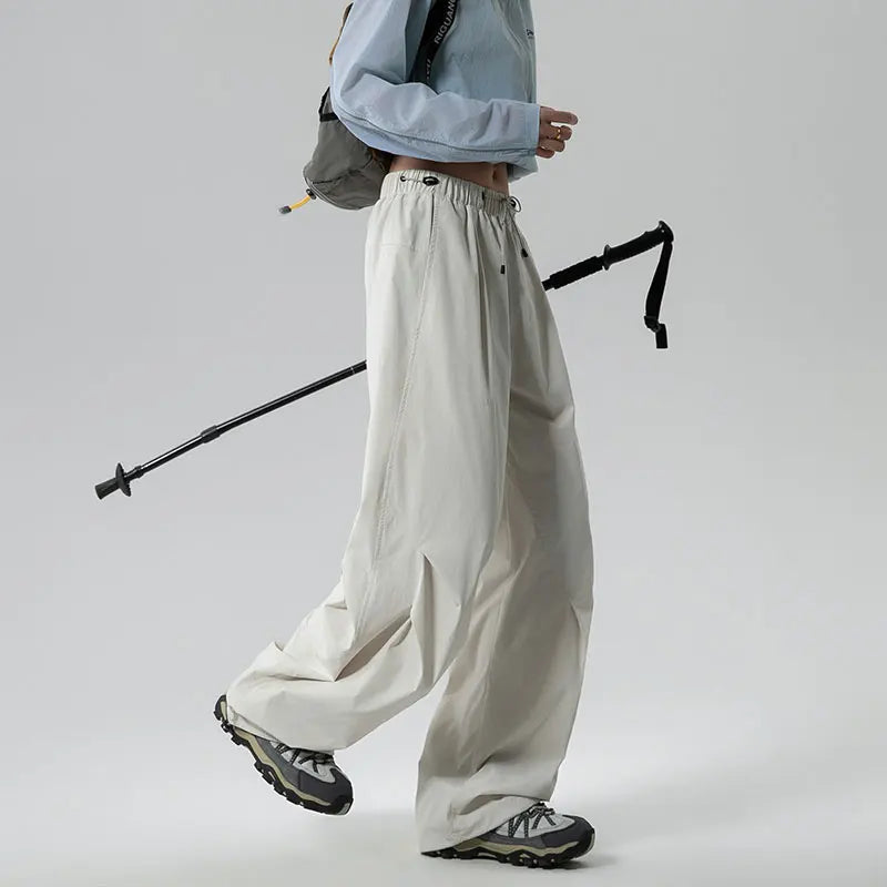 Women's Spring Autumn Loose Hiking Pants American Lazy Casual Parachute Embroidery Sweatpants Women Camping Pleated Overalls