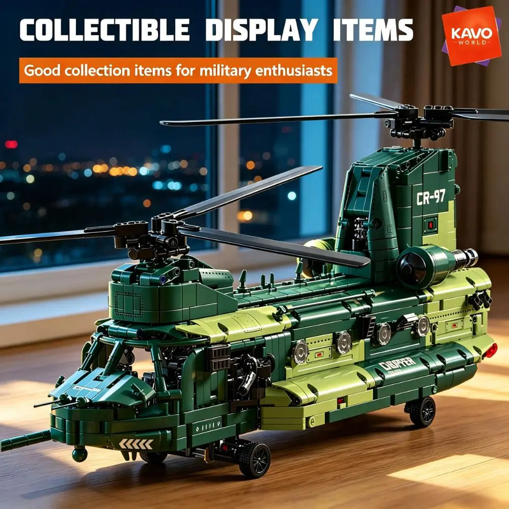 KAVOWORLD 1826pcs 32inch Large-Scale Heavy Transport Helicopter Building Block Model Set Easy DIY Assembly Aircraft Building Bricks Model Tandem Rotor Construction Kit Display Toy As Halloween Christmas Thanksgiving New Year'