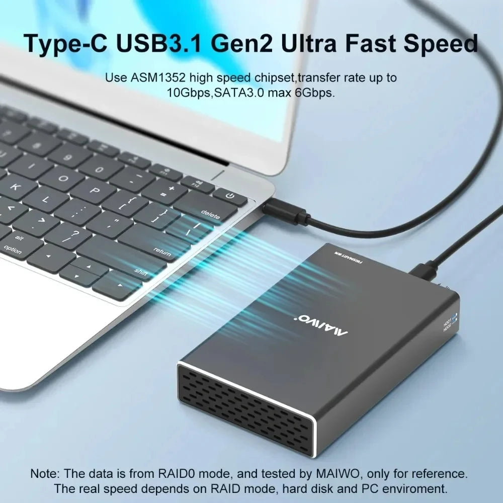 MAIWO Hard Drive Enclosure Dual Bay for 2.5'' SATA SSD/HDD Support 4 RAID Modes Gen2 10Gbps with 16TB Capacity Aluminum HDD Case