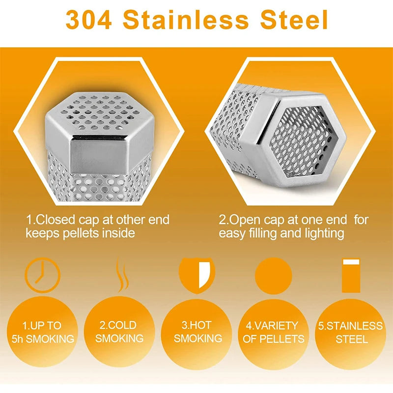 LMETJMA Hexagon Pellet Smoker Tube 12 inch Stainless Steel BBQ Wood Pellet Tube Smoker for Cold/Hot Smoking 5 Hours JT185