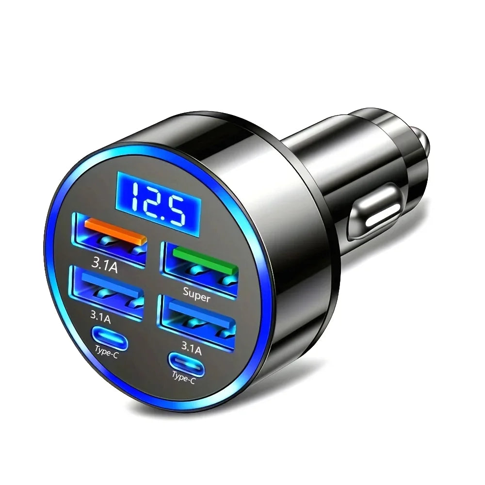 6-Port Car Charger, 3.1A USB & Type-C Fast Charge Adapter with LED Voltage Display Fast Delivery