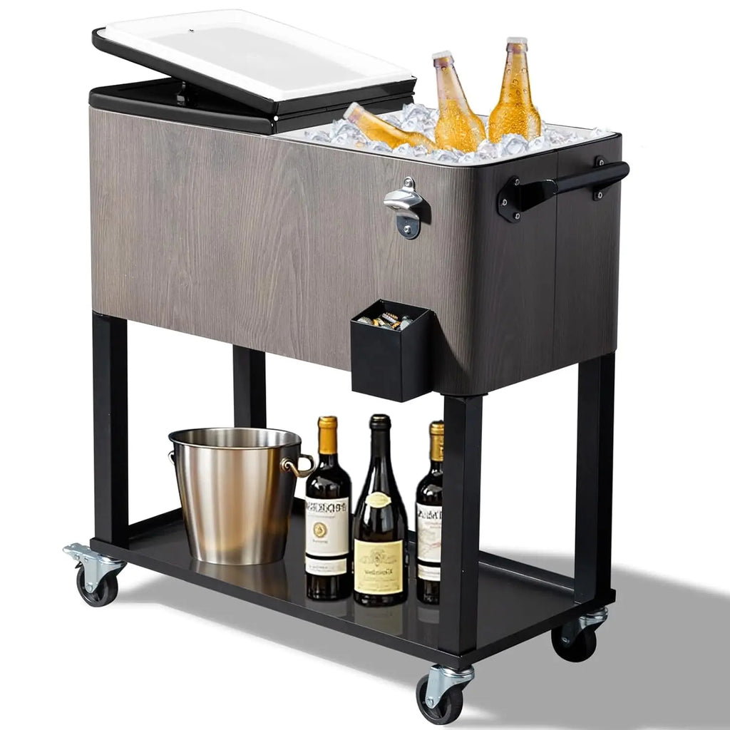 80 Quart Rolling Ice Chest,Portable Bar Drink Cooler,Catch Basin,Bottom Storage Tray & Bottle Opener, Custom