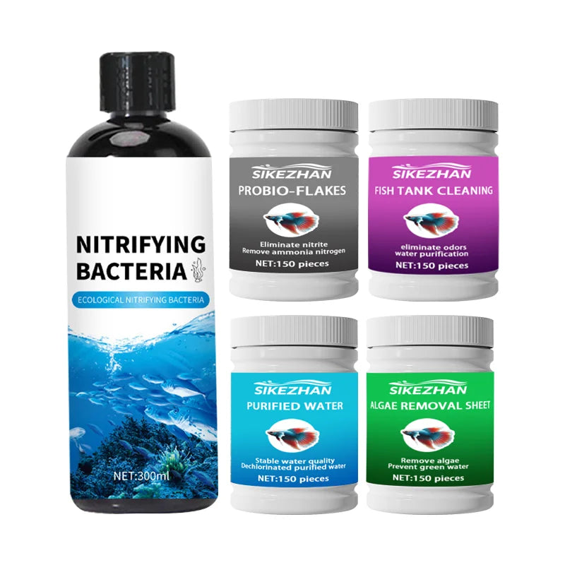 Fish Tank Water Treatment Set: Nitrifying Bacteria Tablets & Liquid, Anti‑Algae Tabs, Odor Remover, Dechlorinator Tablets