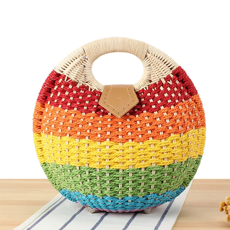 2025 Luxury Hand Woven Holiday Shell Handbags Personality Cute Rattan Bag Casual Small Round Tote Woven Female Fashion Beach Bag