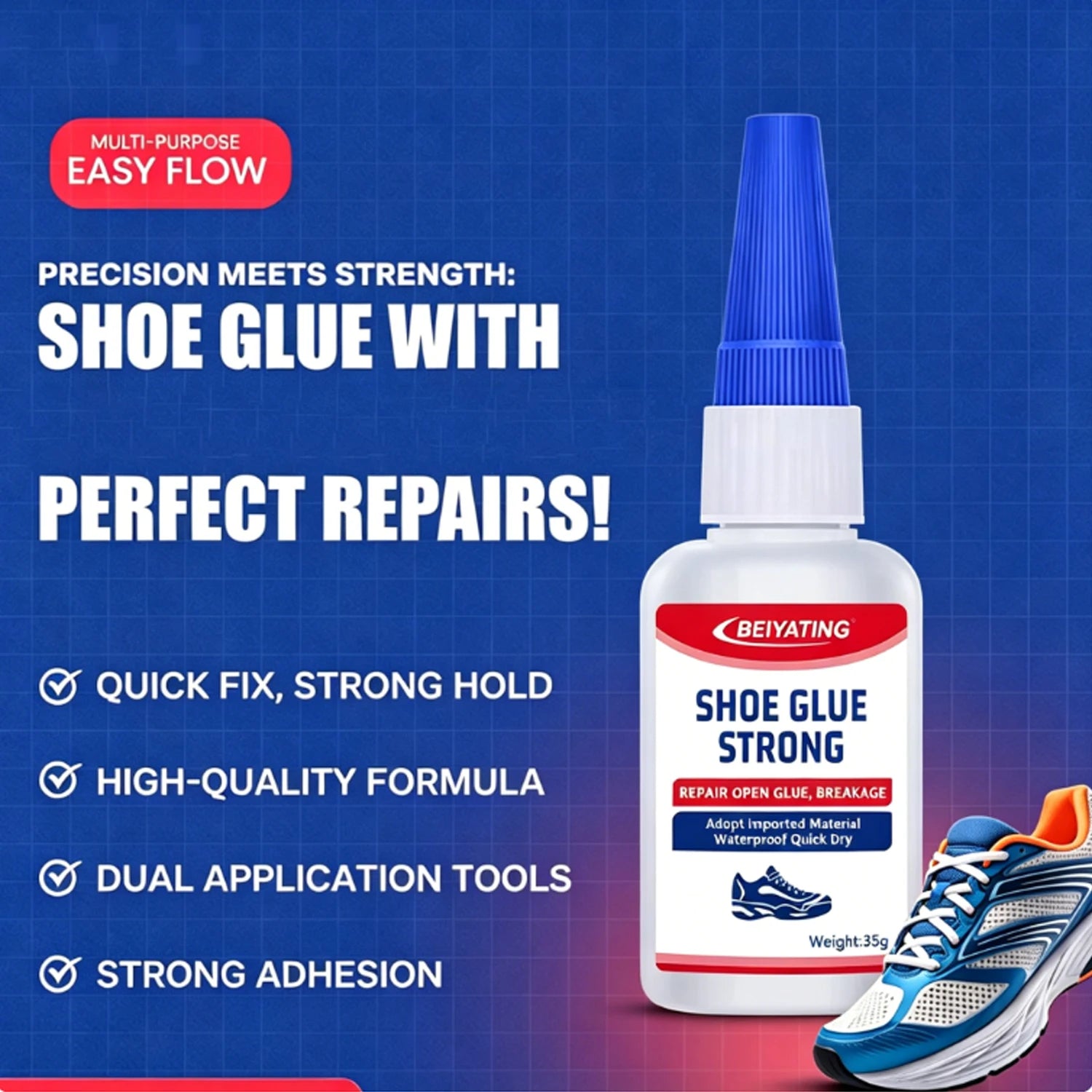 35-50g Super Strong Shoe Glue with Nozzle, Waterproof Fast Repair Adhesive for Sneakers Heels Leather, Professional Sole Repair