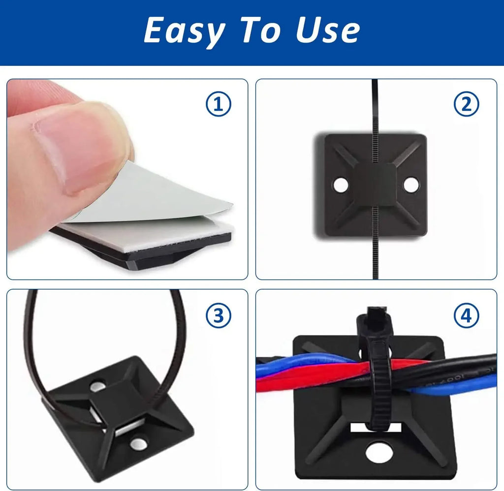 Self-locking Plastic Nylon Tie + Nylon Square Plastic 3M Self Adhesive Wire Zip Fixed Seat Holder Cable Tie Mount Base