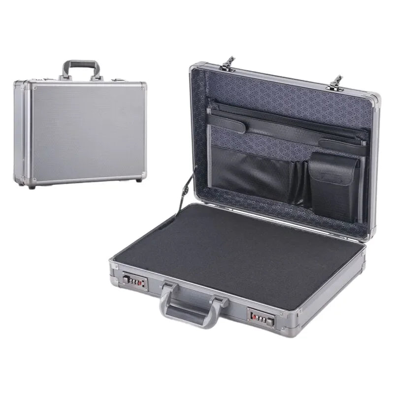 Aluminum Frame Lockable Laptop Suitcase - Portable Security Document Briefcase Strongbox With Password Lock Case Computer Files