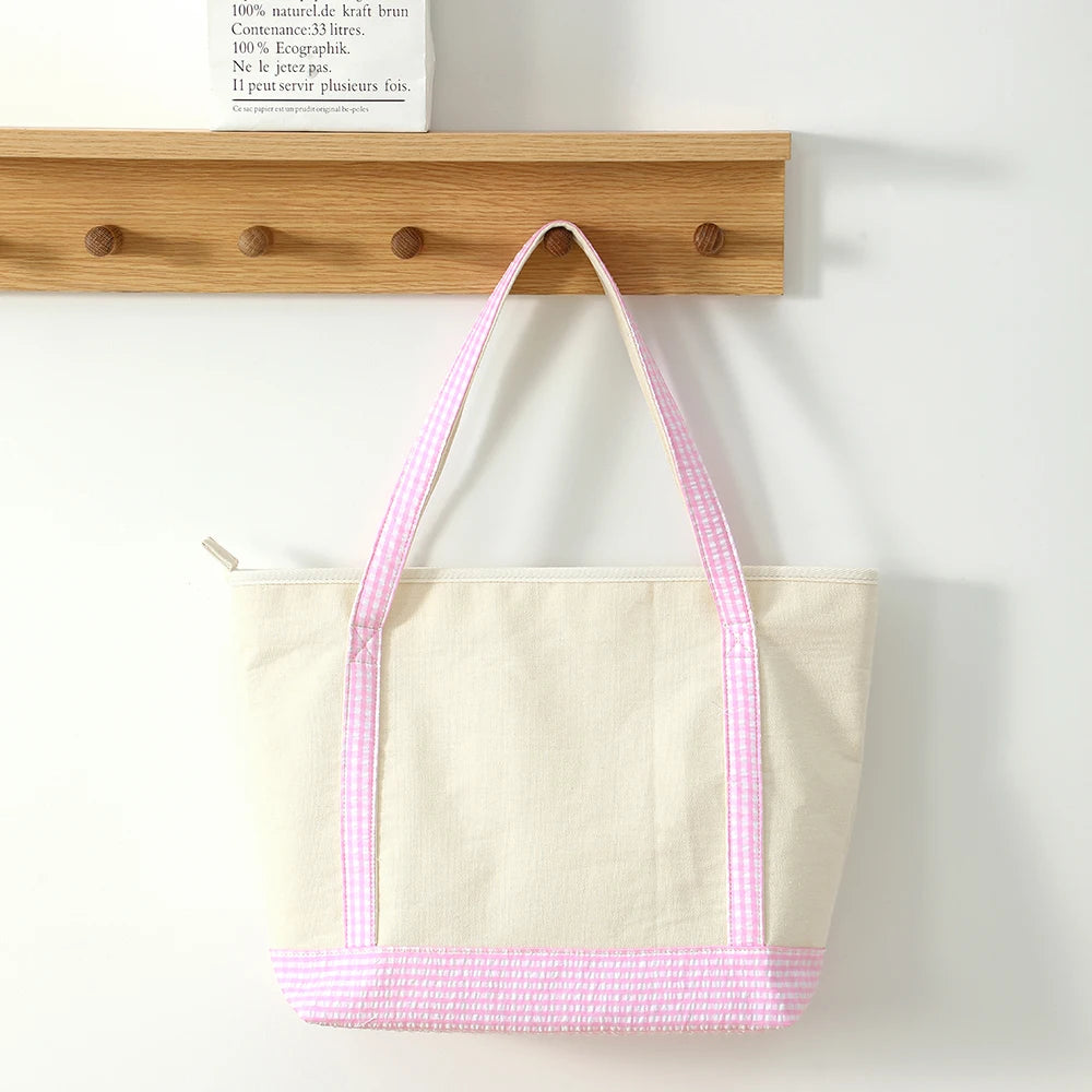 Gingham Canvas Tote Bag For Women Summer Beach Bag With Zipper Closure Roomy Interior Pink/Blue Large Capacity Shopping Bag