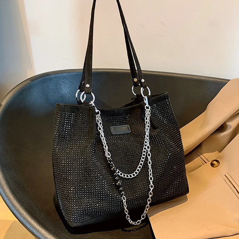2024 Fashion Women Bling Diamonds Handbag Large Capacity PU Leather Big Totes Designer Female Chain Shoulder Bags Shopping Bags