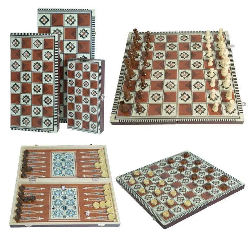 Portable Folding Wooden 3-in-1 Chessboard High-End Sensation for International Chess Casual Entertainment