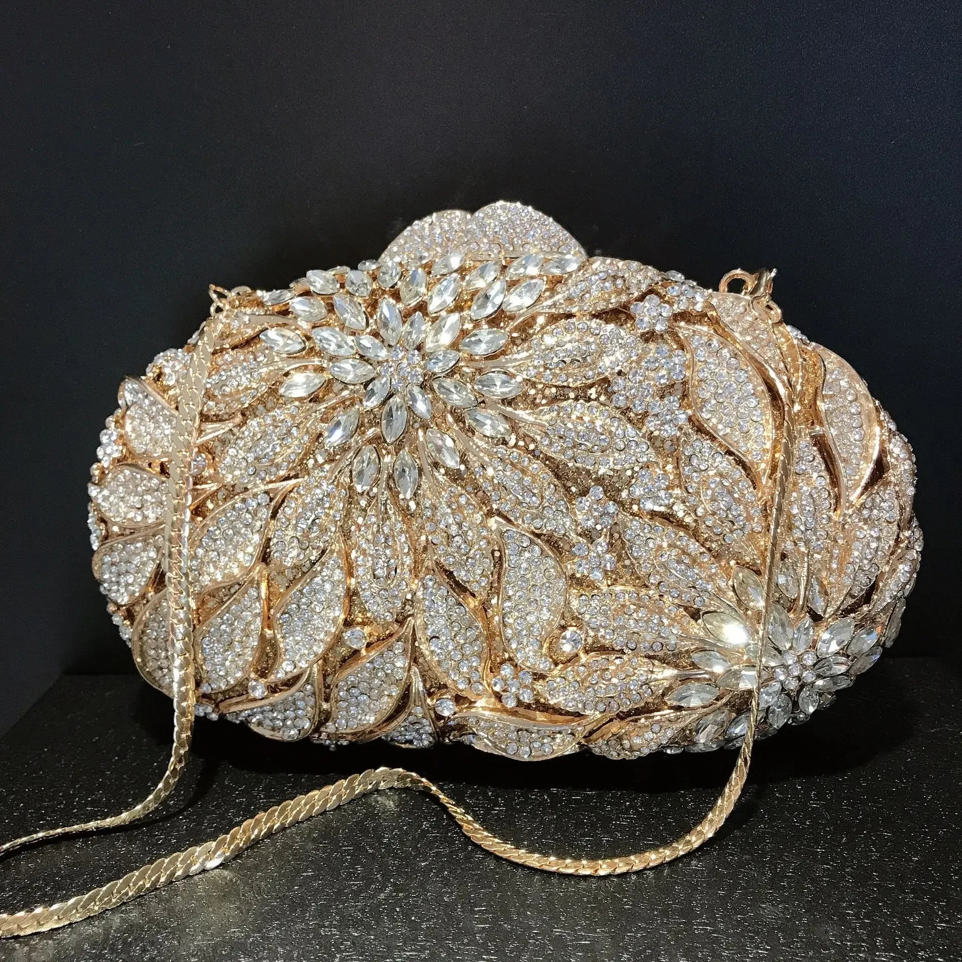 Gold Metal Leaves White Crystals Evening Clutch Bags Luxury Women Wedding Party Purse Ball Handbags Rhinestone Mini Shell Bag