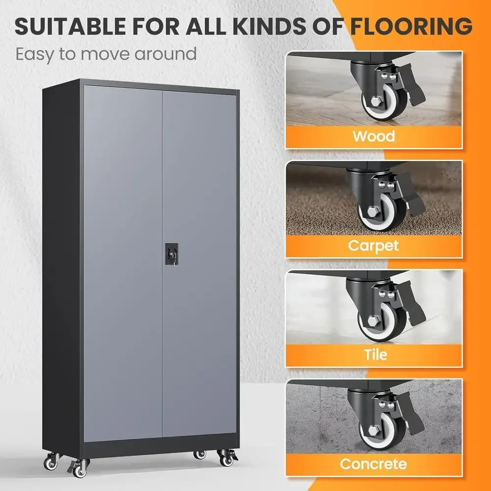 Heavy-Duty Rolling Storage Cabinet with Lock, 2 Doors and 4 Shelves, Tall Tool Cabinet on Wheels for Workshop/Home/Office - Blac