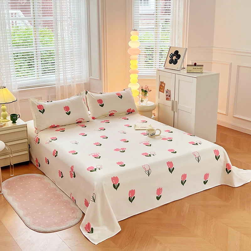 1PC or 3PCS Bed Flat Sheet Pillowcases Bed Cartoon Printed Top Sheets Single/Queen/King Flat Bedsheets Home Bed Linen Sheets