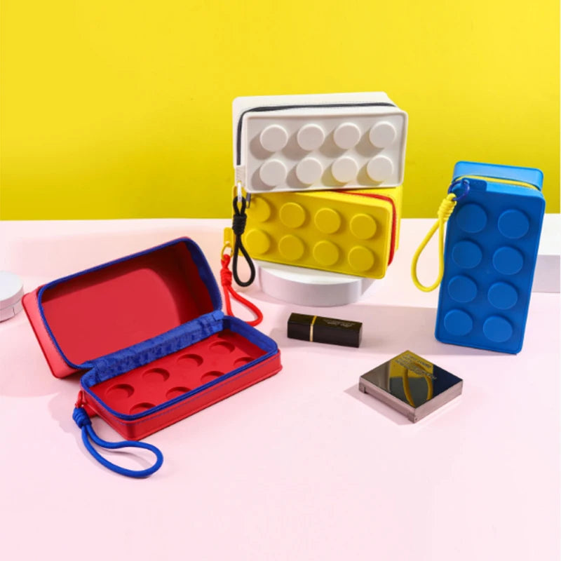 Fashion Color Handbag Building Block Shape Stationery Bag Miscellaneous Storage Bag with Lanyard Zippered Cosmetic Toiletry Bag