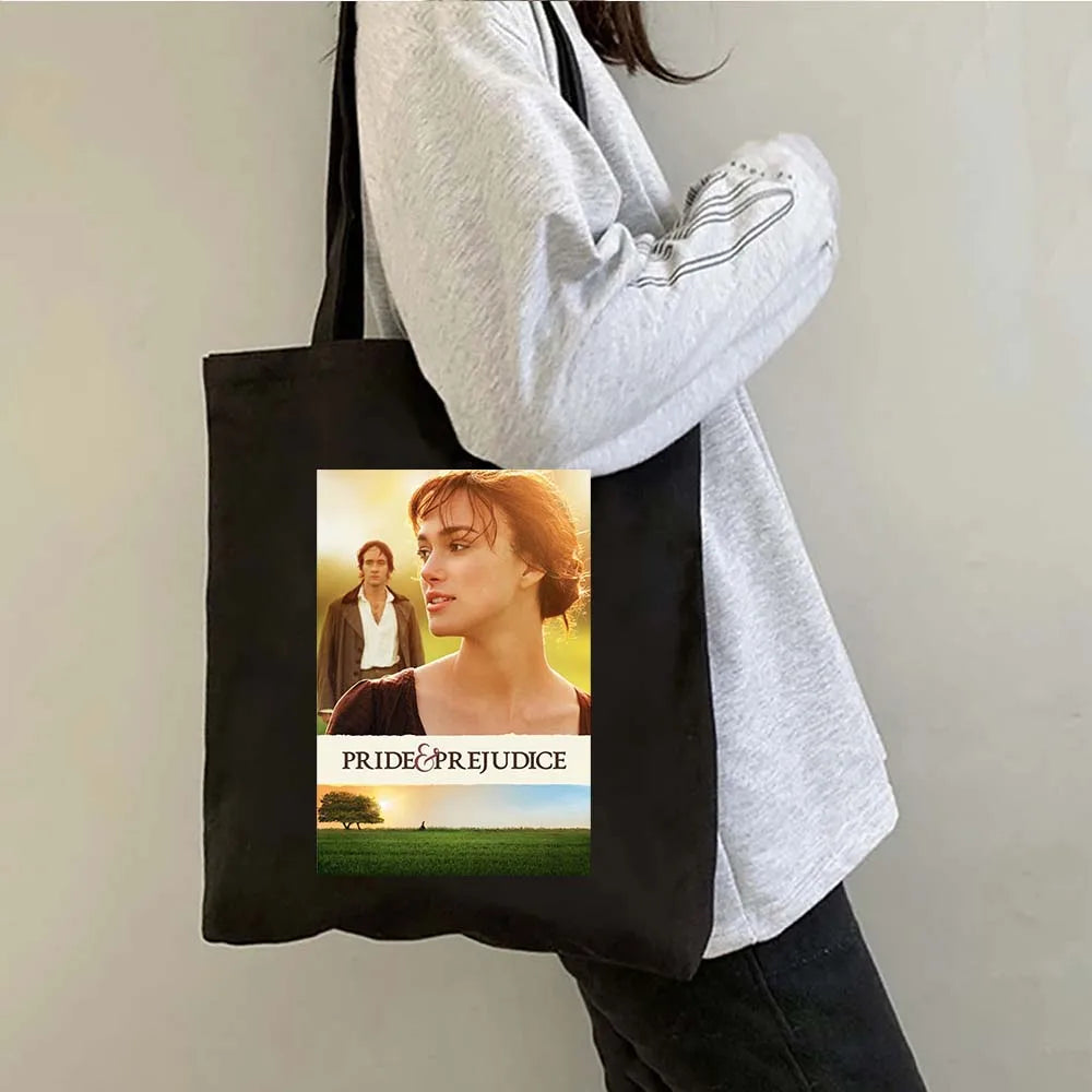 More Pride Less Prejudice Jane Austen Pride Prejudice Elizabeth Darcy Book Bennet Cartoon Shopper Canvas Tote Bag Cotton Handbag