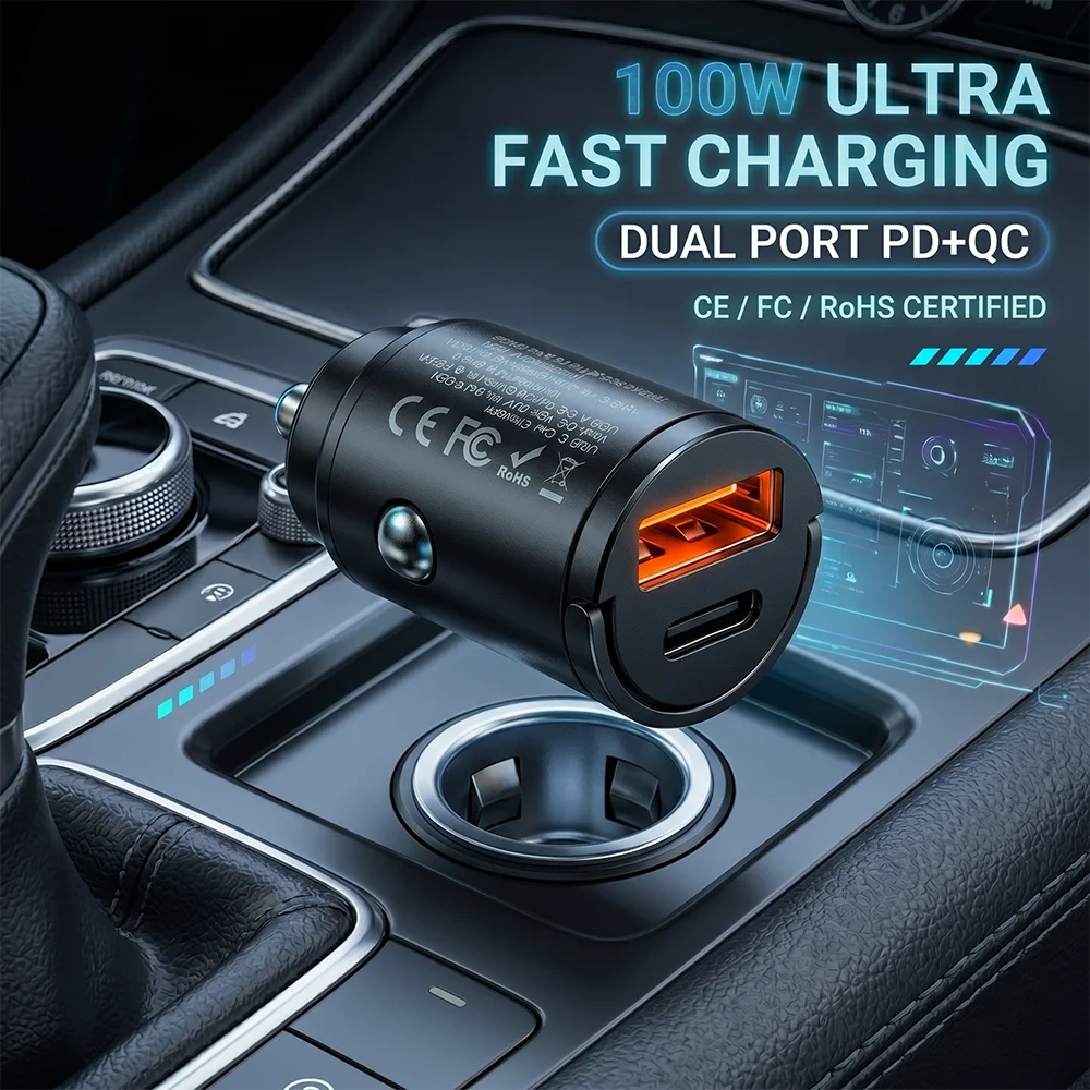 Stealth USB C Car Charger Dual Port PD QC 3.0 Fast Charging Adapter Flush Mount Metal Car Charger Plug For iPhone 17 16 Pro Max