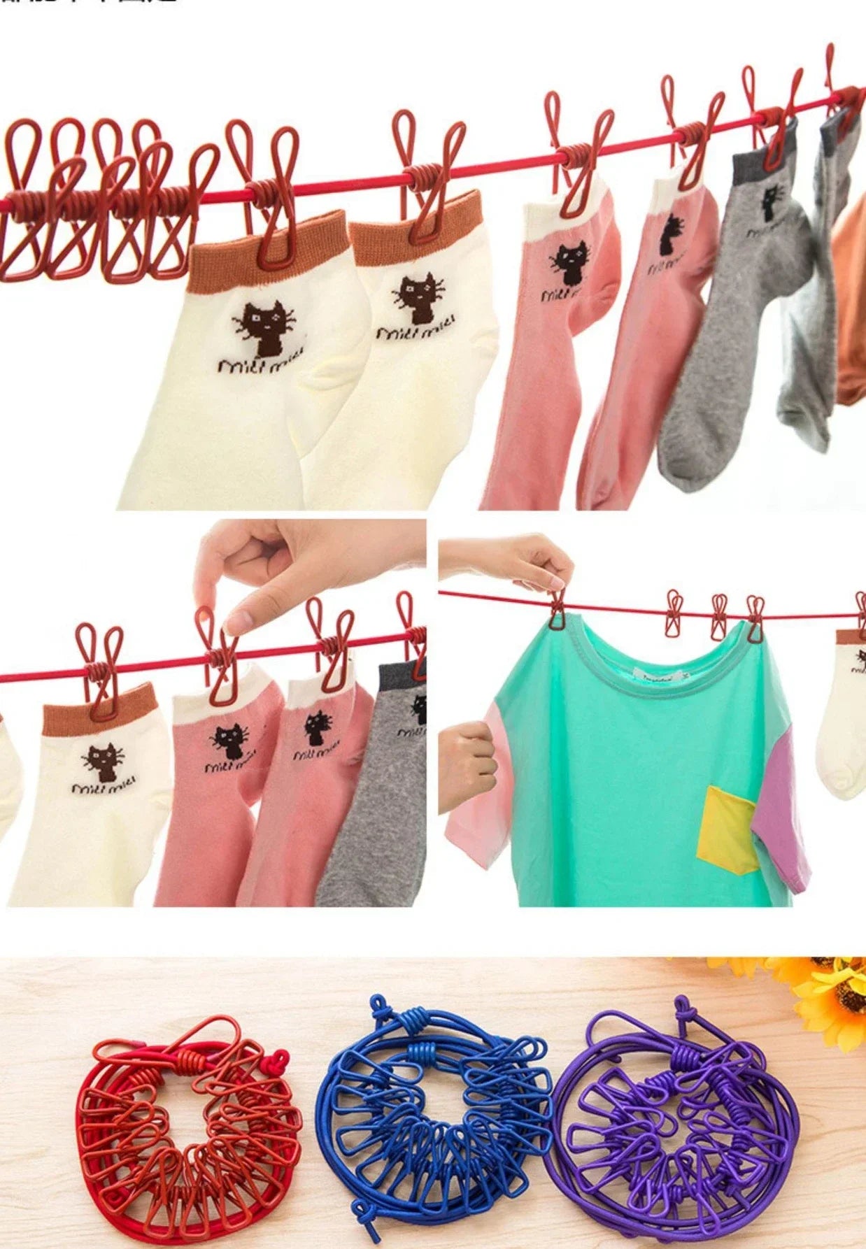 Durable Clothesline Portable Lightweight Windproof Non-Slip 12 Clips Elastic Laundry Drying Outdoor Camping Travel RV Beach Dorm