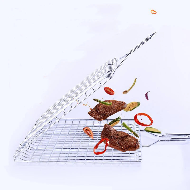 Stainless Steel Wooden Handle Barbecue Net Grilled Fish Clip 35x24 Cm Outdoor Grilling Tool