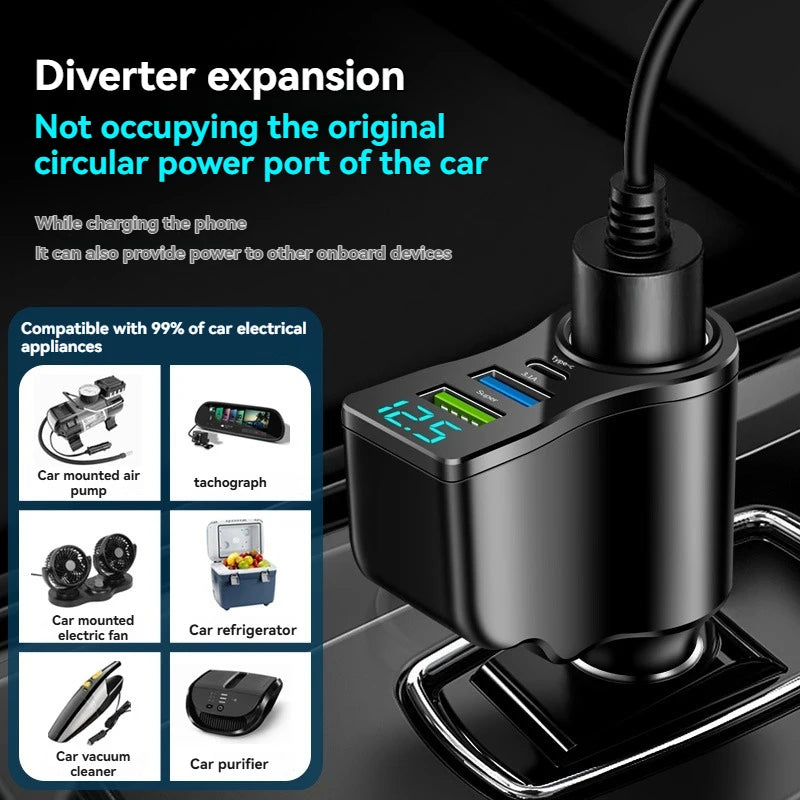 4 in 1 Car Charger Adapter 66W PD Fast Charging USB C Car Charger Cigarette Lighter Splitter with Digital Display