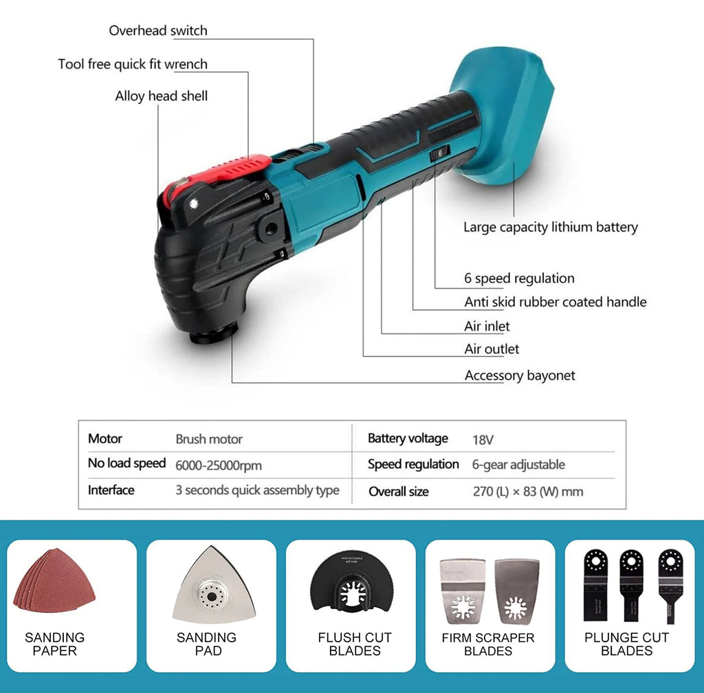 170W Electric Cordless Oscillator, 6-Gear Settings, 5000-20000r/Min, for Sawing/Cutting/Shoveling, For 18V/21V Makita Battery