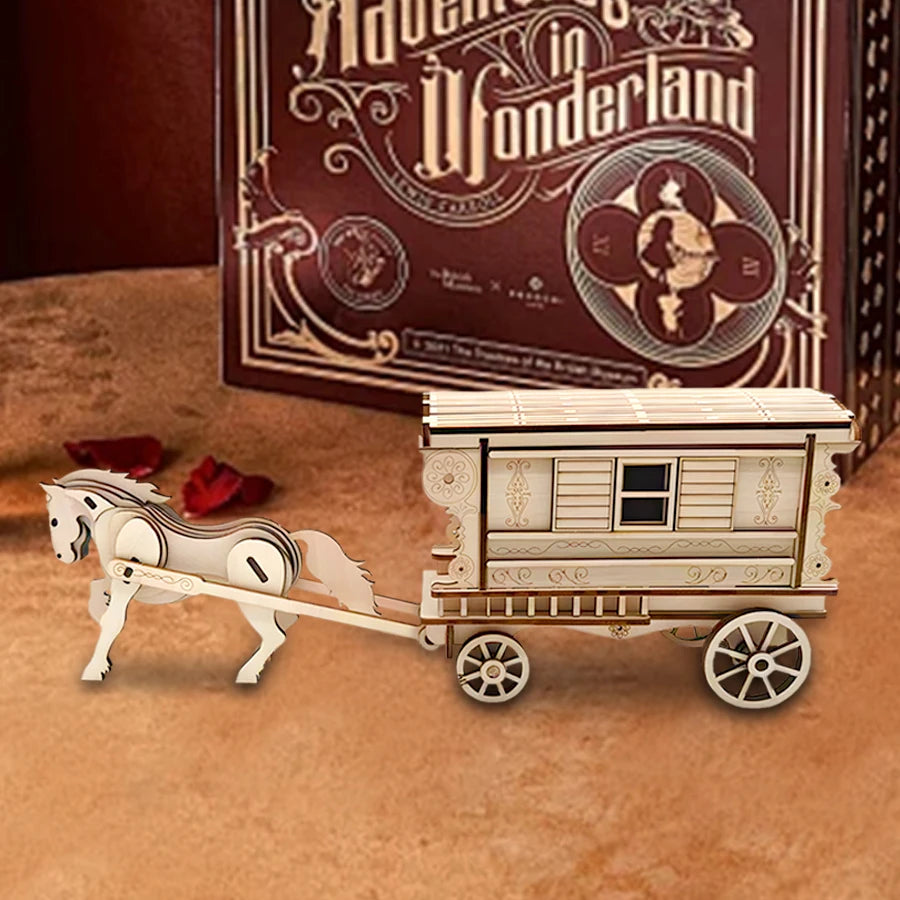 OUZEY DIY Wooden Blocks Antique Horse Carriage Wooden Model, 3D Fairytale Puzzle Kit, Romantic Collectible Gift for Adults