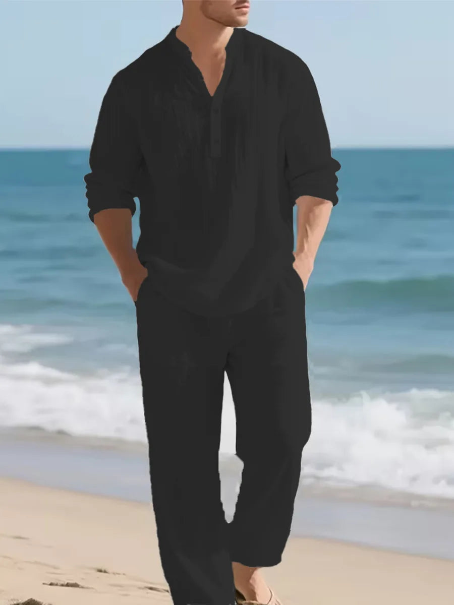 Men's Linen Solid Color Two Piece Set Casual Fashion Turn Down Collar Long Sleeve Shirt Loose Pants Outfit